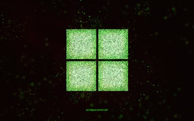 Windows11キラキラロゴ, 黒の背景, Windows11のロゴ, 緑のキラキラアート, Windows 11, クリエイティブアート, ウィンドウズ 11 グリーン グリッター ロゴ, Windowsロゴ, Windows