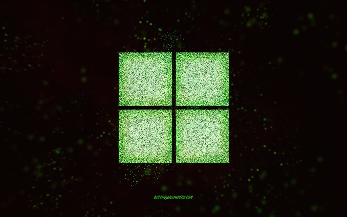 Windows 11 glitter logo, musta tausta, Windows 11 logo, vihreä kimalle taide, Windows 11, luova taide, Windows 11 vihreä glitter logo, Windows logo, Windows
