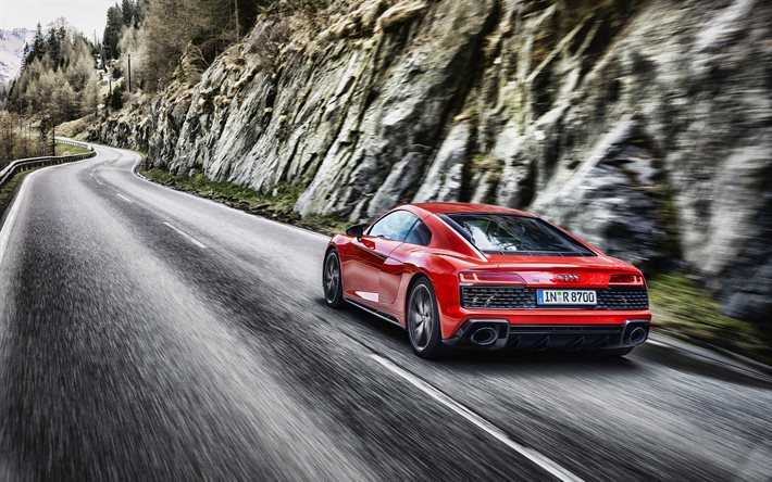 2022, Audi R8 V10 Performance RWD, 4k, retrovisor, exterior, novo Audi R8 vermelho, carros esportivos alem&#227;es, Audi