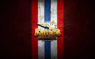 ゲリーンイーターズ, 金色のロゴ, BeNeリーグ, 赤い金属の背景, オランダのホッケーチーム, ゲリーン・イーターズのロゴ, ホッケー