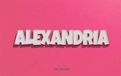 Alexandria, pink lines background, wallpapers with names, Alexandria name, female names, Alexandria greeting card, line art, picture with Alexandria name