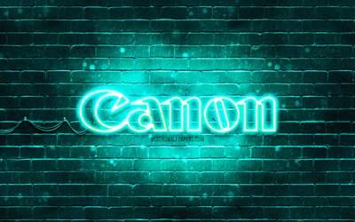 Canon turquoise logo, 4k, turquoise brickwall, Canon logo, brands, Canon neon logo, Canon