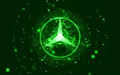 メルセデス・ベンツグリーンロゴ, 4k, 緑のネオンライト, creative クリエイティブ, 緑の抽象的な背景, メルセデス・ベンツ, 車のブランド
