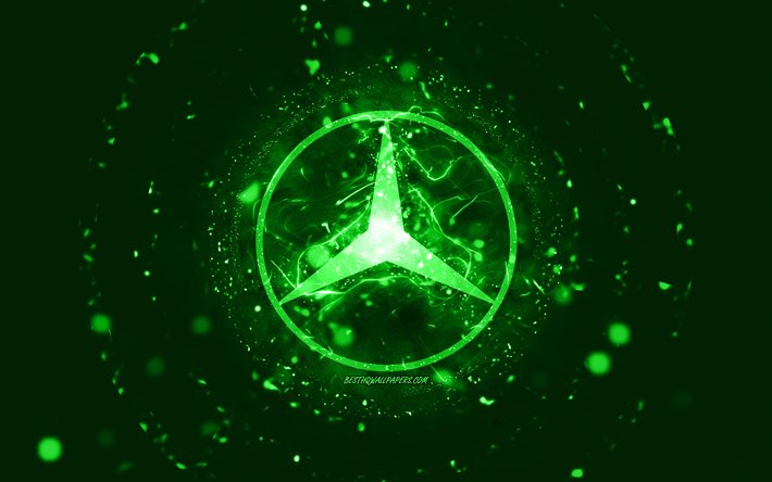 Logo vert Mercedes-Benz, 4k, n&#233;ons verts, cr&#233;atif, fond abstrait vert, logo Mercedes-Benz, marques de voitures, Mercedes-Benz