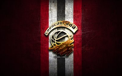 Baloncesto Fuenlabrada, logotipo dourado, ACB, fundo de metal vermelho, time espanhol de basquete, logotipo Baloncesto Fuenlabrada, basquete, Fuenlabrada