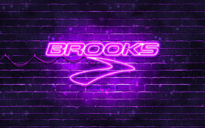 Brooks Sports violetti logo, 4k, violetti tiilisein&#228;, Brooks Sports logo, tuotemerkit, Brooks Sports neon logo, Brooks Sports