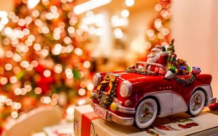 Noel, hediyeler ile araba, bir araba Noel Baba, Mutlu Noeller, Mutlu Yıllar, Noel ağacı, Yeni Yıl