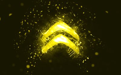 Citroen sarı logo, 4k, sarı neon ışıklar, yaratıcı, sarı soyut arka plan, Citroen logosu, otomobil markaları, Citroen