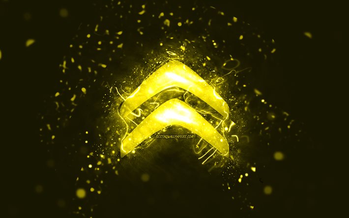 Citroen yellow logo, 4k, yellow neon lights, creative, yellow abstract background, Citroen logo, cars brands, Citroen