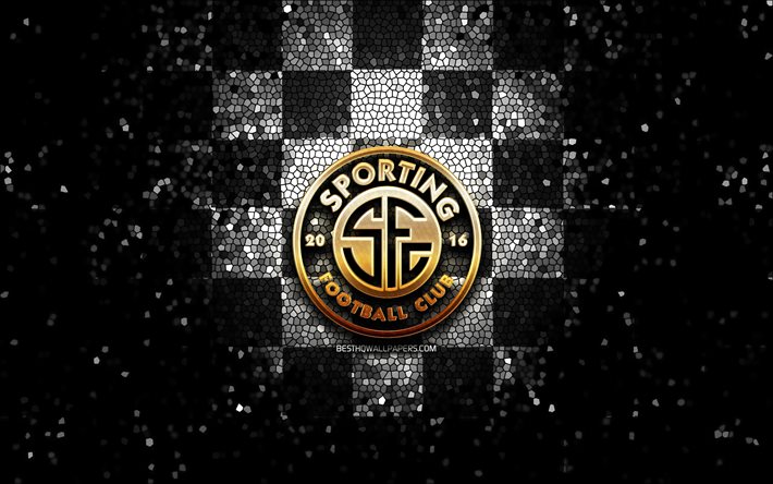 Sporting San Jose FC, logo glitter, Liga FPD, sfondo a scacchi neri bianchi, calcio, squadra di calcio costaricana, logo Sporting San Jose, arte del mosaico, Sporting San Jose