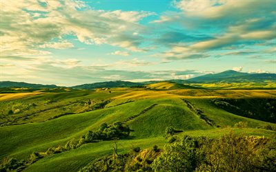 Tuscany, green hills, meadows, beautiful nature, Italy, summer, sunset, Europe
