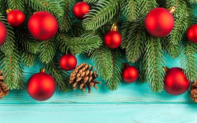 Palline di Natale rosse, Felice Anno Nuovo, Buon Natale, palline sull&#39;albero di Natale, Capodanno, sfondo in legno blu, sfondo natalizio