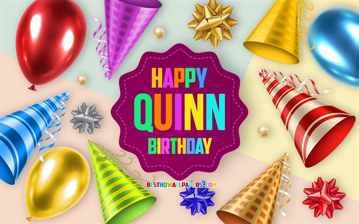 Happy Birthday Quinn, 4k, Birthday Balloon Background, Quinn, creative art, Happy Quinn birthday, silk bows, Quinn Birthday, Birthday Party Background