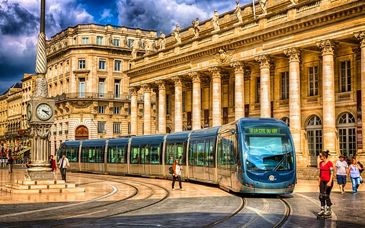 Bordeaux, HDR, square, summer, french cities, clock, tram, France, Europe
