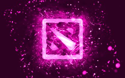 Dota 2 purple logo, 4k, purple neon lights, creative, purple abstract background, Dota 2 logo, online games, Dota 2