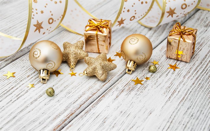 Altın Noel topları, altın süslemeler, Mutlu Yıllar, Mutlu Noeller, Altın yıldızlar, Noel arka planı, Yeni Yıl