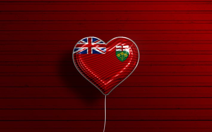 アイ ラブ オンタリオ, 4k, リアルな風船, 赤い木の背景, オンタリオの日, カナダの州, オンタリオ州の旗, カナダ, 旗が付いている気球, Ontario