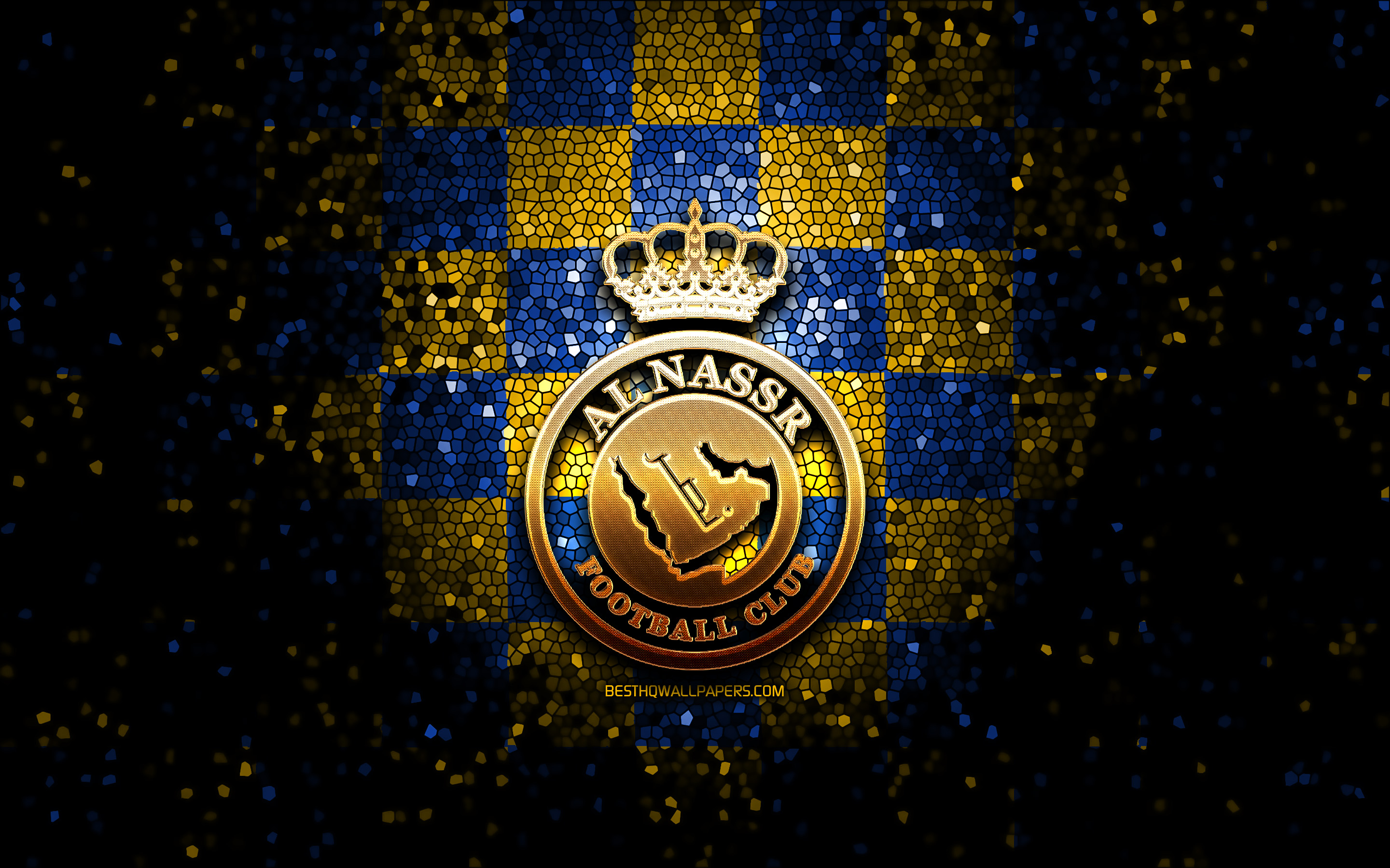 Al-Nassr FC, kimalteleva logo, Saudi Professional League, sininen keltainen ruudullinen tausta, jalkapallo, Saudi-Arabian jalkapalloseura, Al-Nassr FC logo, mosaiikkitaide, Al-Nassr