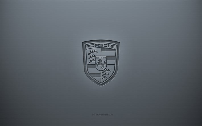 Porsche logotyp, gr&#229; kreativ bakgrund, Porsche emblem, gr&#229; papper textur, Porsche, gr&#229; bakgrund, Porsche 3d logotyp