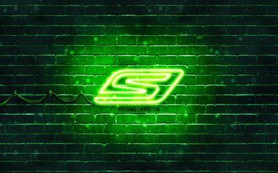 Skechers green logo, 4k, green brickwall, Skechers logo, brands, Skechers neon logo, Skechers