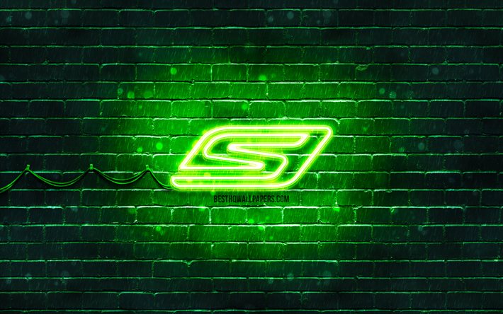 Skechers vihreä logo, 4k, vihreä tiiliseinä, Skechers-logo, tuotemerkit, Skechers neon logo, Skechers