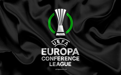 UEFA Europa Conference League, 4k, texture en soie noire, UECL, logo de l’UEFA Conference League, football, embl&#232;me de la Conference League