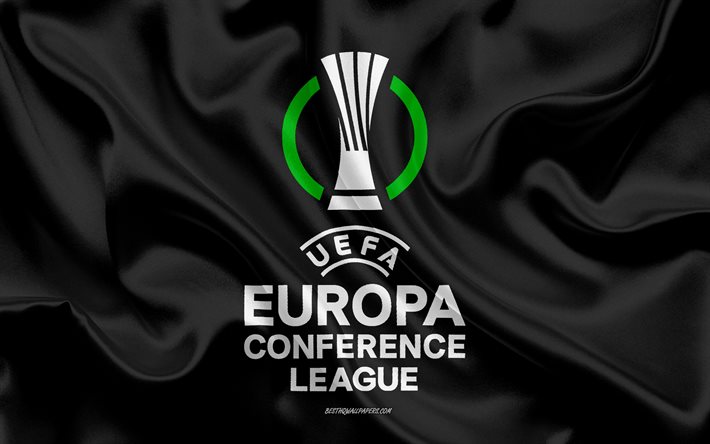 UEFA Europa Conference League, 4k, texture en soie noire, UECL, logo de l’UEFA Conference League, football, embl&#232;me de la Conference League