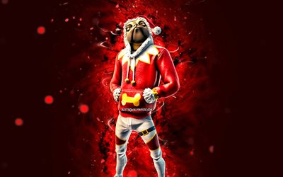 Christmas Doggo, 4k, luces rojas de ne&#243;n, Fortnite Battle Royale, personajes de Fortnite, Christmas Doggo Skin, Fortnite, Christmas Doggo Fortnite
