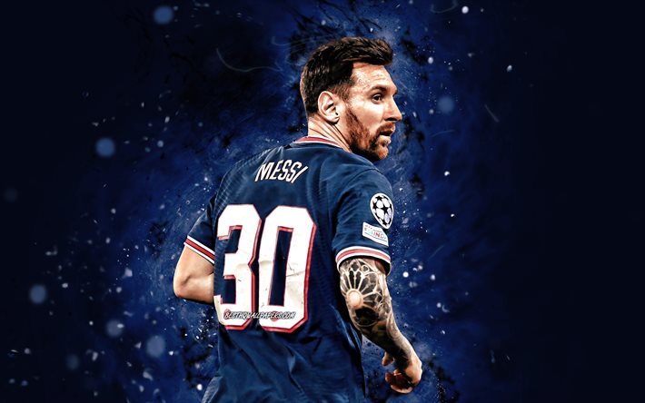 Lionel Messi PSG, 4k, futbol yıldızları, Paris Saint-Germain, mavi neon ışıklar, Arjantinli futbolcular, Leo Messi, futbol, Messi, PSG, Ligue 1, geri g&#246;r&#252;n&#252;m, Lionel Messi Paris Saint-Germain, Lionel Messi 4K