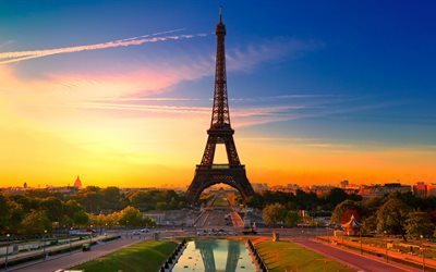Eiffeltornet, 5K, sunset, Paris, Frankrike