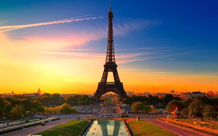 Tour Eiffel, 5K, coucher de soleil, Paris, France