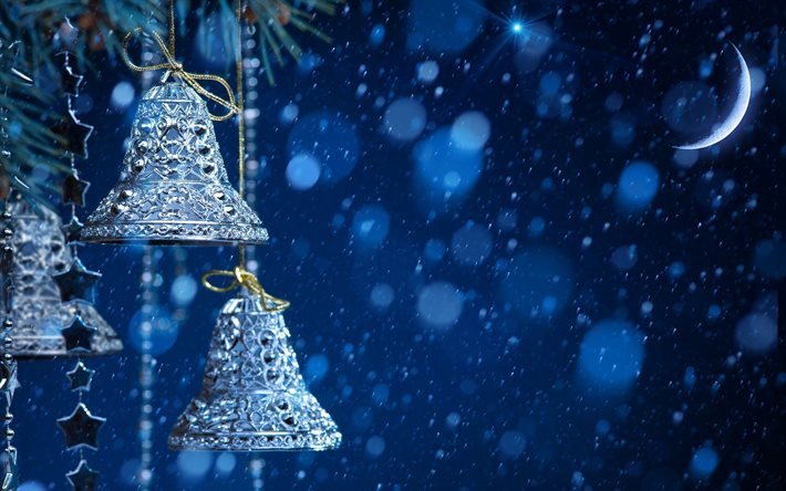 christmas bells, blue christmas background, weihnachten, silvester, silberne glocken