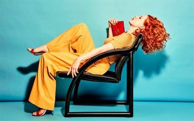 Jessica Chastain, American actress, yellow pantsuit, red-haired woman, actress