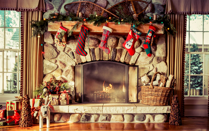 fireplace, Christmas, flame, fire, country house, New Year, decoration