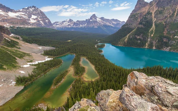 forest, valley, mountain landscape, glacial lakes, Canada, Yoho National Park