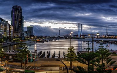 Melbourne, coucher de soleil, baie, gratte-ciel, paysage urbain, Australie