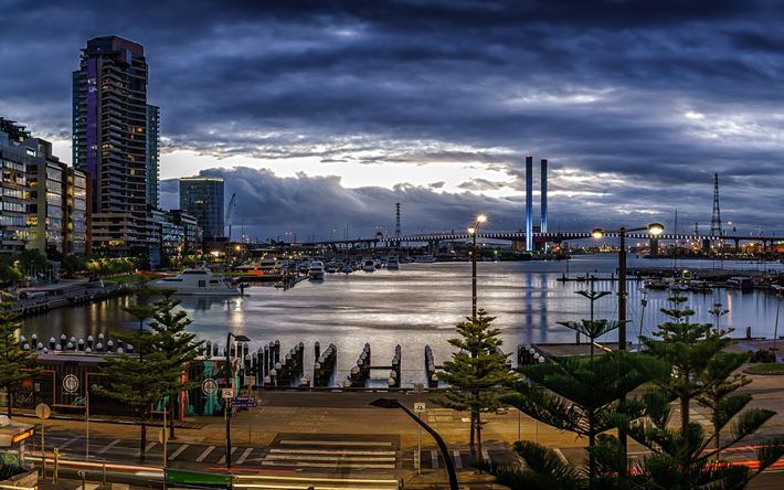 Melbourne, tramonto, baia, grattacieli, citt&#224;, Australia