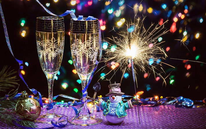 Happy New Year, champagne, snowmen, Bengal lights, glasses, New Year 2018, xmas, Christmas