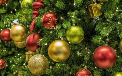 christmas decorations, xmas balls, xmas tree, Happy New Year, fir-tree, Merry Christmas, xmas