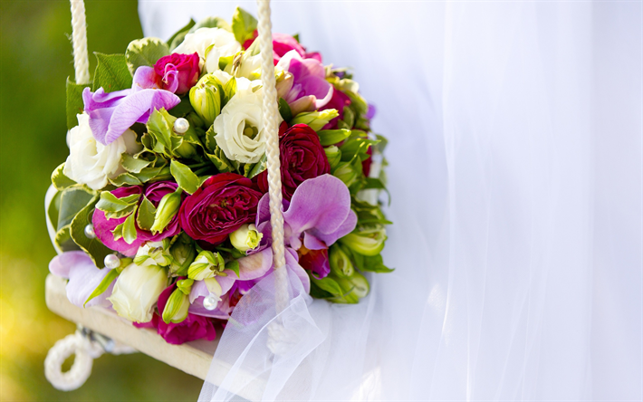 花束, 結婚式の花束, スイング, 赤いバラを, ブライダルブーケ