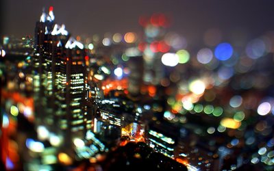 Tokio, moderneja rakennuksia, bokeh, y&#246;, Aasiassa, Japani