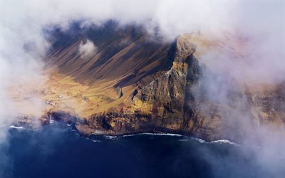 Faroe Adaları, 4k, yukarıda, sahil, deniz, Avrupa&#39;dan g&#246;r&#252;n&#252;m&#252;