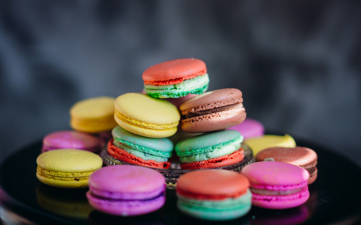 multicolored macaroons, pastries, colorful biscuits, sweets, macaroons