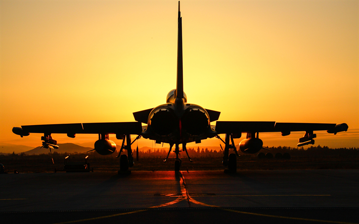 Eurofighter Typhoon, German fighter, military aircraft, airfield, sunset, Eurofighter GmbH