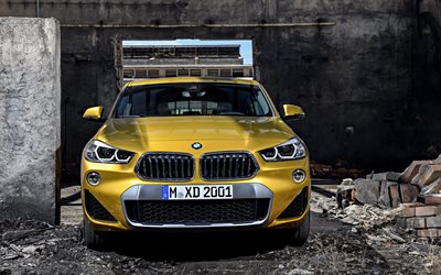 BMW X2, 2018, n&#228;kym&#228; edest&#228;, keltainen crossover, 4k, uusia autoja, F39, BMW