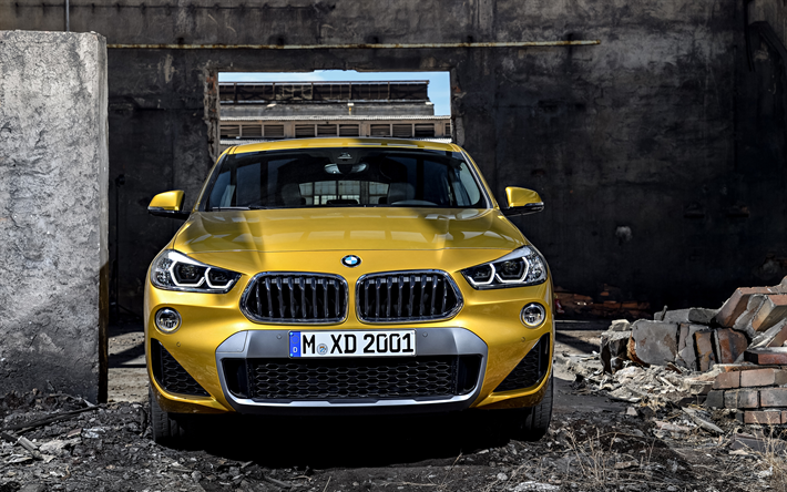 BMW X2, 2018, フロントビュー, 黄色のクロスオーバー, 4k, 新車, F39, BMW