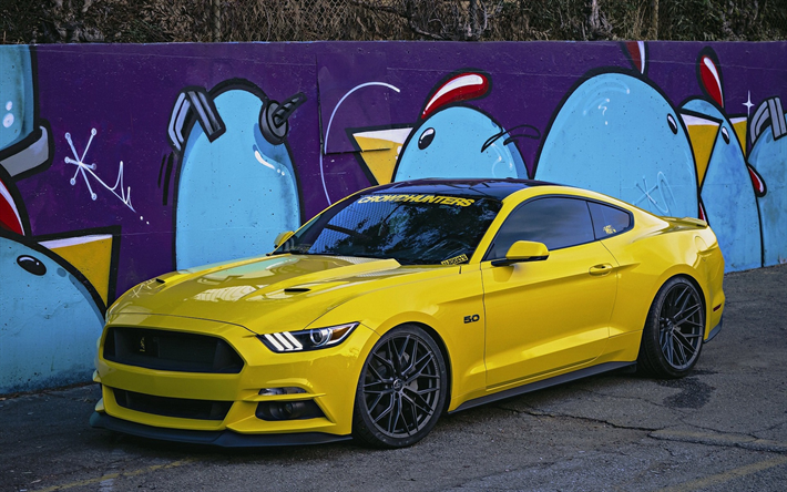 Ford Mustang, 2017, amarelo cup&#234; esportivo, American sports car, Mustang tuning, 305FORGED, Rodas pretas, Ford