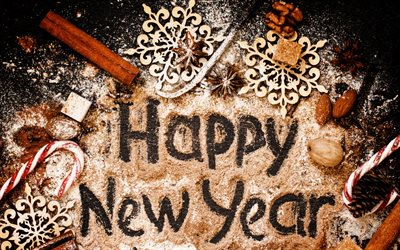 Felice Anno Nuovo, la farina, il 2018, di legno, fiocchi di neve, le noci, le stecche di cannella