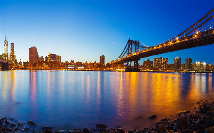 Manhattan Bridge, Nova York, Manhattan, noite, arranha-c&#233;us, paisagem urbana, EUA
