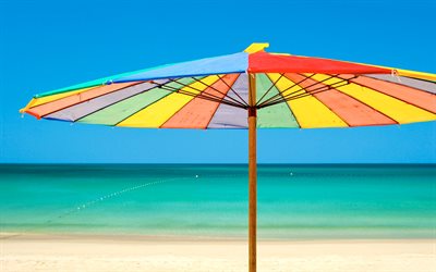 guarda-chuva colorido, praia, mar, ilha tropical, f&#233;rias de ver&#227;o